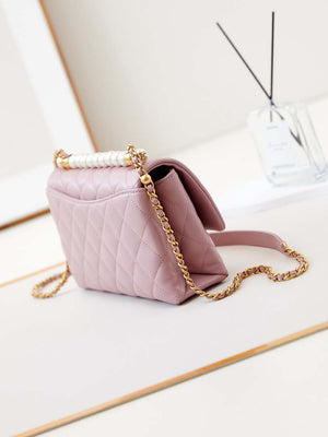 Chanel AS4997 Flap Bag with top Handle Shiny Lambskin  Imitation Pearls & Gold-Tone Metal Pink - Default Title - View 4