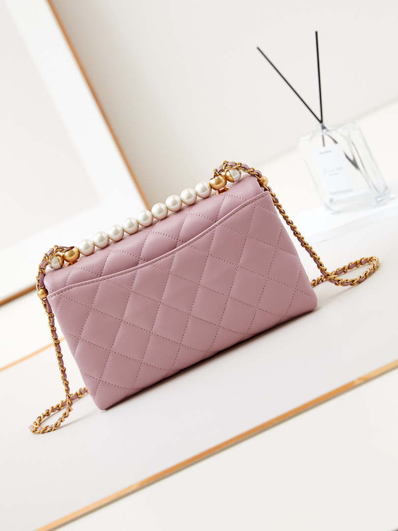 Chanel AS4997 Flap Bag with top Handle Shiny Lambskin  Imitation Pearls & Gold-Tone Metal Pink - Default Title - View 5