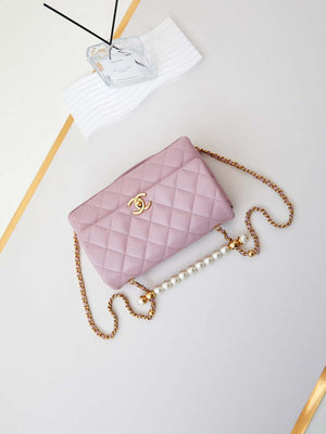 Chanel AS4997 Flap Bag with top Handle Shiny Lambskin  Imitation Pearls & Gold-Tone Metal Pink - Default Title - View 7