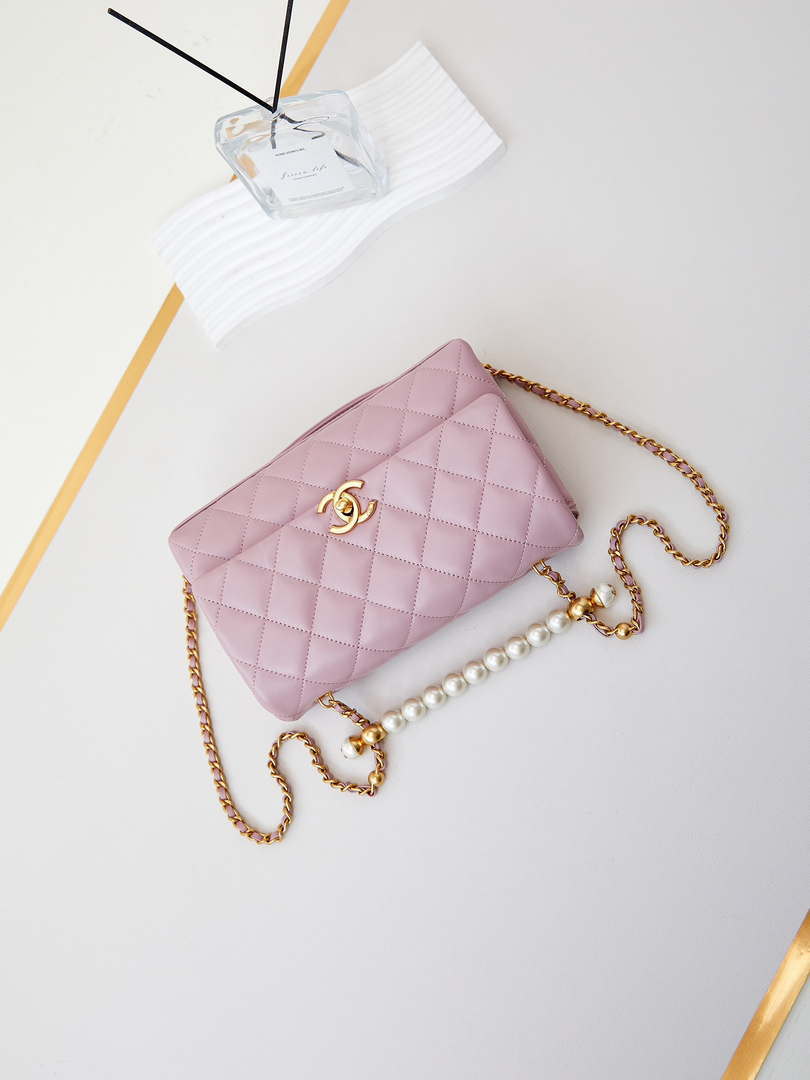 Chanel AS4997 Flap Bag with top Handle Shiny Lambskin  Imitation Pearls & Gold-Tone Metal Pink