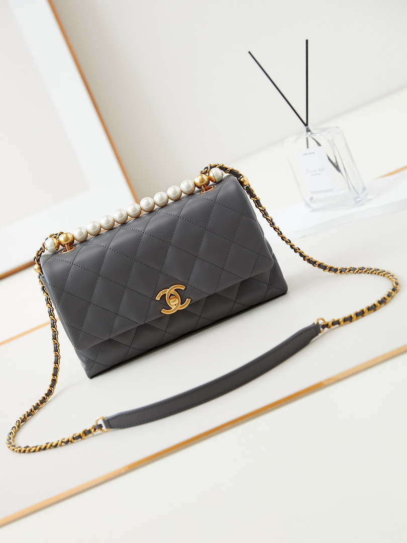 Chanel AS4997 Flap Bag with top Handle Shiny Lambskin  Imitation Pearls & Gold-Tone Metal Gray - Default Title - View 1