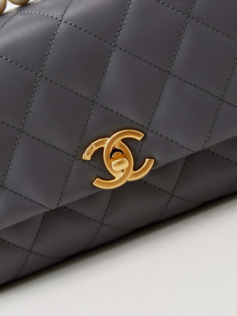 Chanel AS4997 Flap Bag with top Handle Shiny Lambskin  Imitation Pearls & Gold-Tone Metal Gray - Default Title - View 2
