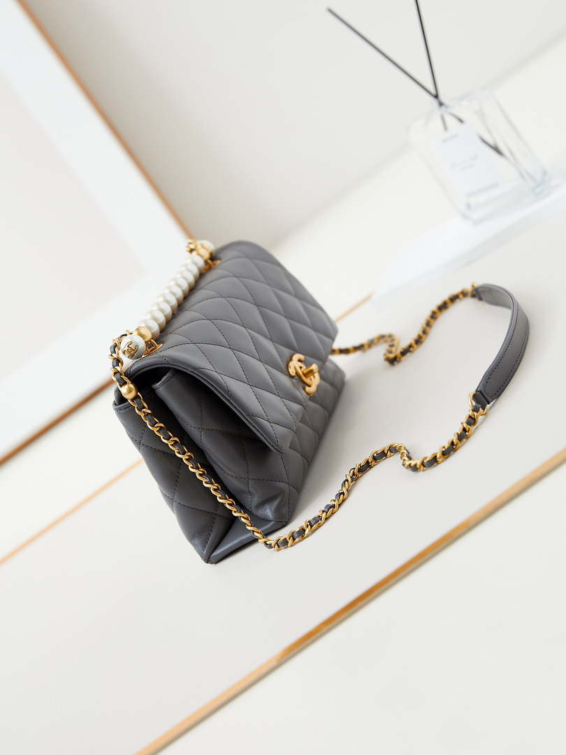 Chanel AS4997 Flap Bag with top Handle Shiny Lambskin  Imitation Pearls & Gold-Tone Metal Gray