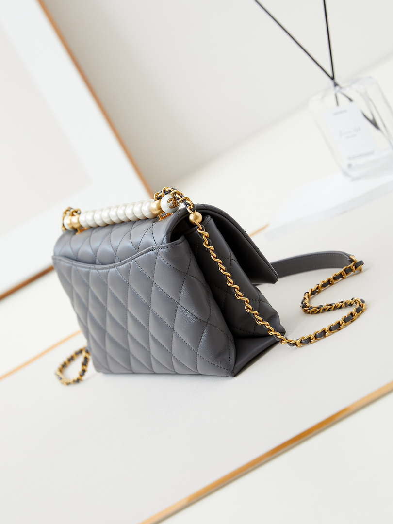 Chanel AS4997 Flap Bag with top Handle Shiny Lambskin  Imitation Pearls & Gold-Tone Metal Gray