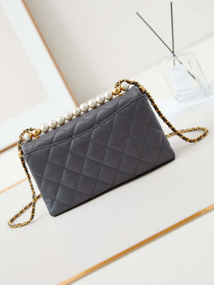 Chanel AS4997 Flap Bag with top Handle Shiny Lambskin  Imitation Pearls & Gold-Tone Metal Gray - Default Title - View 5