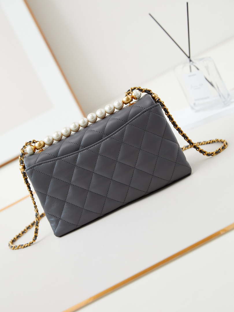 Chanel AS4997 Flap Bag with top Handle Shiny Lambskin  Imitation Pearls & Gold-Tone Metal Gray - Default Title - View 5