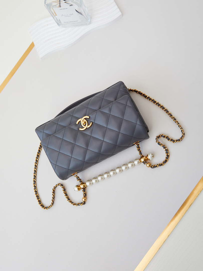 Chanel AS4997 Flap Bag with top Handle Shiny Lambskin  Imitation Pearls & Gold-Tone Metal Gray