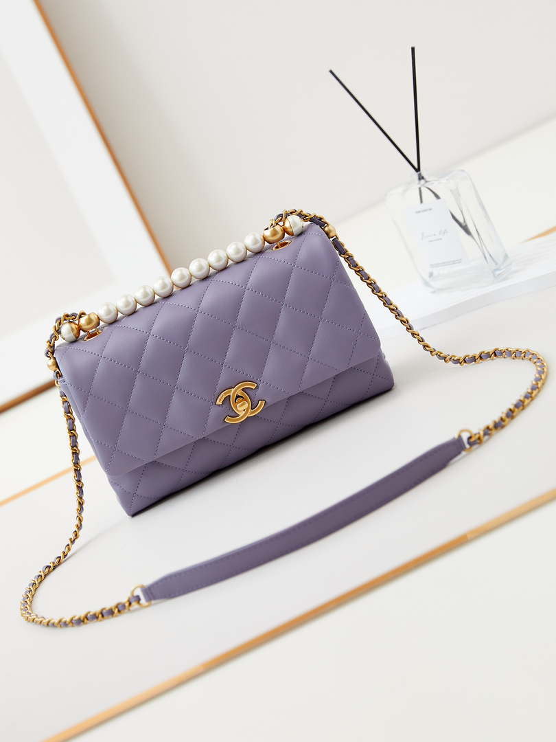Chanel AS4997 Flap Bag with top Handle Shiny Lambskin  Imitation Pearls & Gold-Tone Metal Purple - Default Title - View 1
