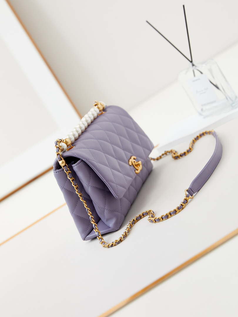 Chanel AS4997 Flap Bag with top Handle Shiny Lambskin  Imitation Pearls & Gold-Tone Metal Purple - Default Title - View 3