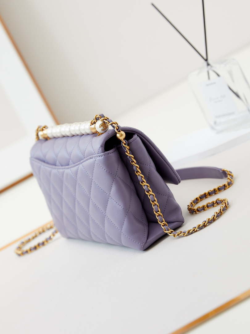 Chanel AS4997 Flap Bag with top Handle Shiny Lambskin  Imitation Pearls & Gold-Tone Metal Purple