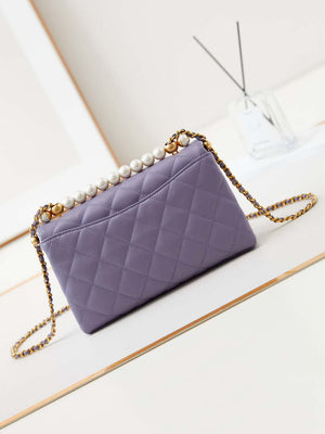 Chanel AS4997 Flap Bag with top Handle Shiny Lambskin  Imitation Pearls & Gold-Tone Metal Purple - Default Title - View 5
