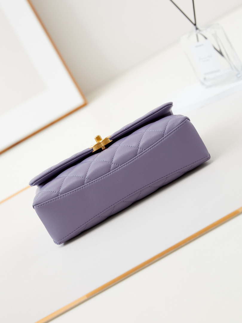 Chanel AS4997 Flap Bag with top Handle Shiny Lambskin  Imitation Pearls & Gold-Tone Metal Purple