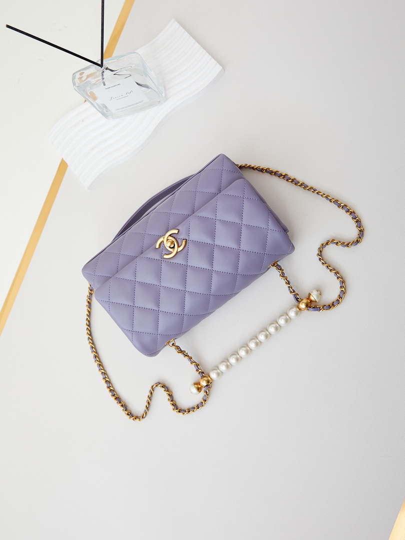 Chanel AS4997 Flap Bag with top Handle Shiny Lambskin  Imitation Pearls & Gold-Tone Metal Purple
