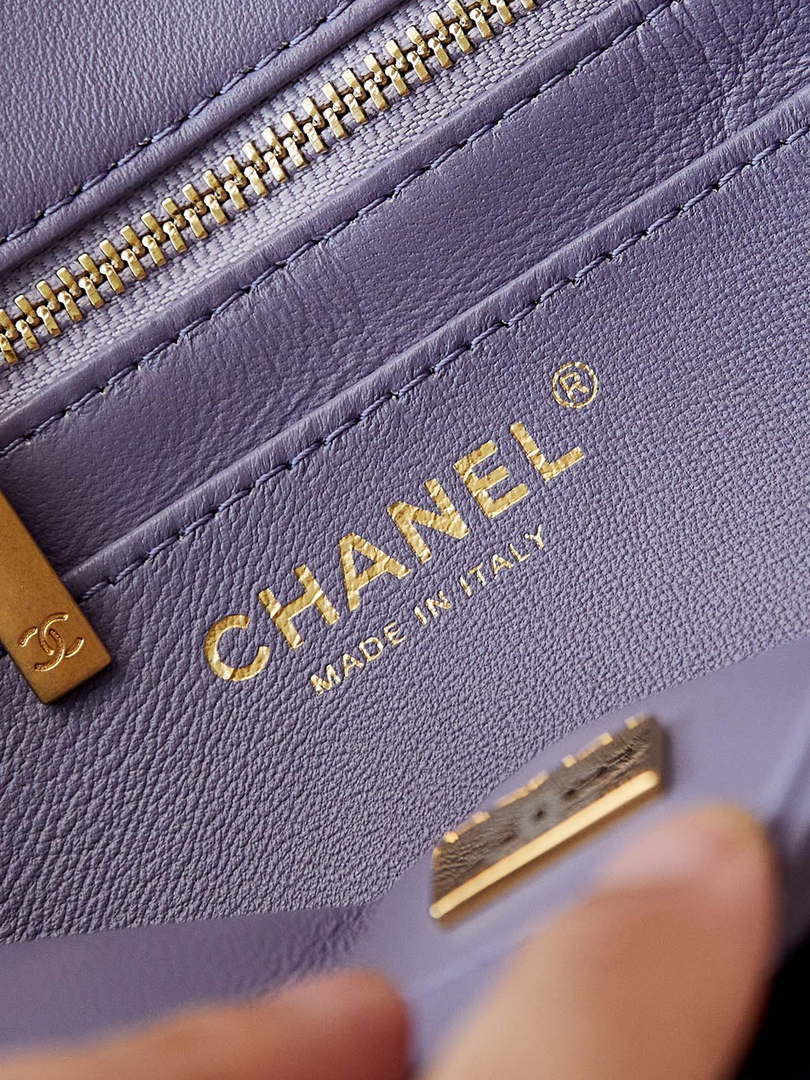 Chanel AS4997 Flap Bag with top Handle Shiny Lambskin  Imitation Pearls & Gold-Tone Metal Purple