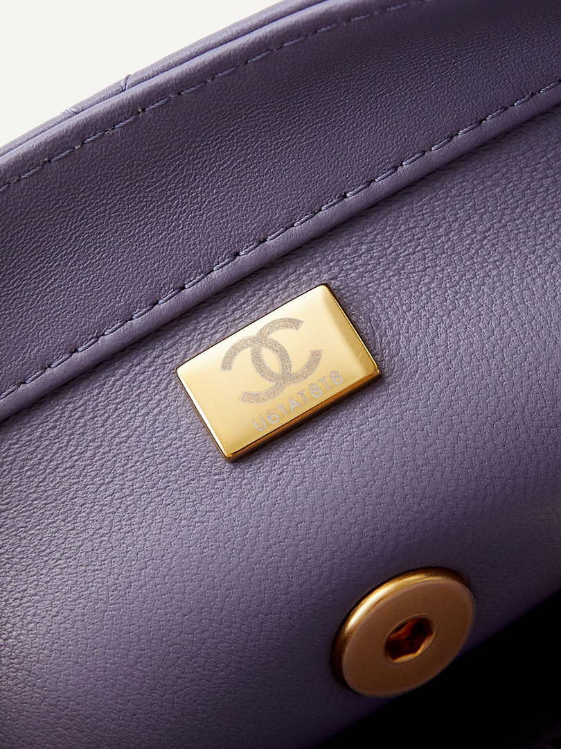 Chanel AS4997 Flap Bag with top Handle Shiny Lambskin  Imitation Pearls & Gold-Tone Metal Purple - Default Title - View 9