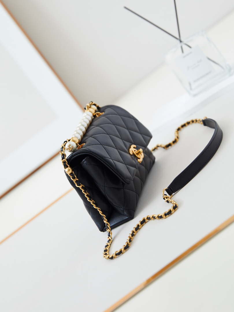 Chanel AS5001 Mini Flap Bag with top Handle Shiny Lambskin  Imitation Pearls & Gold-Tone Metal Black