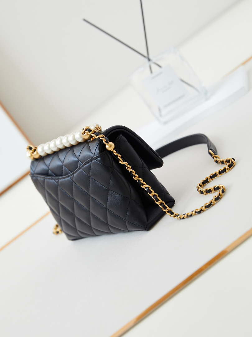 Chanel AS5001 Mini Flap Bag with top Handle Shiny Lambskin  Imitation Pearls & Gold-Tone Metal Black - Default Title - View 4