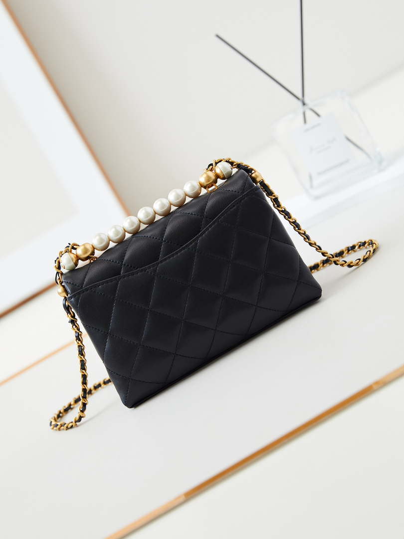 Chanel AS5001 Mini Flap Bag with top Handle Shiny Lambskin  Imitation Pearls & Gold-Tone Metal Black - Default Title - View 5