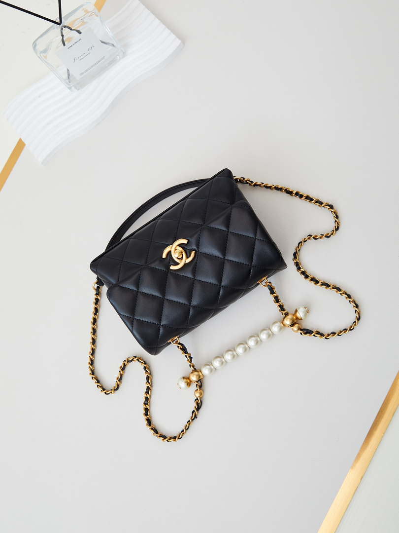 Chanel AS5001 Mini Flap Bag with top Handle Shiny Lambskin  Imitation Pearls & Gold-Tone Metal Black