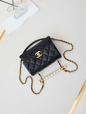 Chanel AS5001 Mini Flap Bag with top Handle Shiny Lambskin  Imitation Pearls & Gold-Tone Metal Black - Default Title - View 7