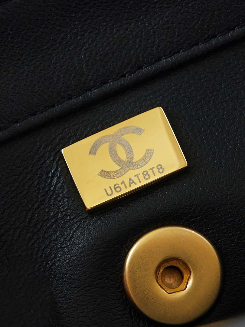 Chanel AS5001 Mini Flap Bag with top Handle Shiny Lambskin  Imitation Pearls & Gold-Tone Metal Black