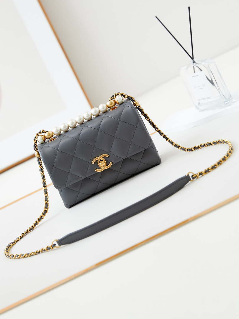 Chanel AS5001 Mini Flap Bag with top Handle Shiny Lambskin  Imitation Pearls & Gold-Tone Metal Grey