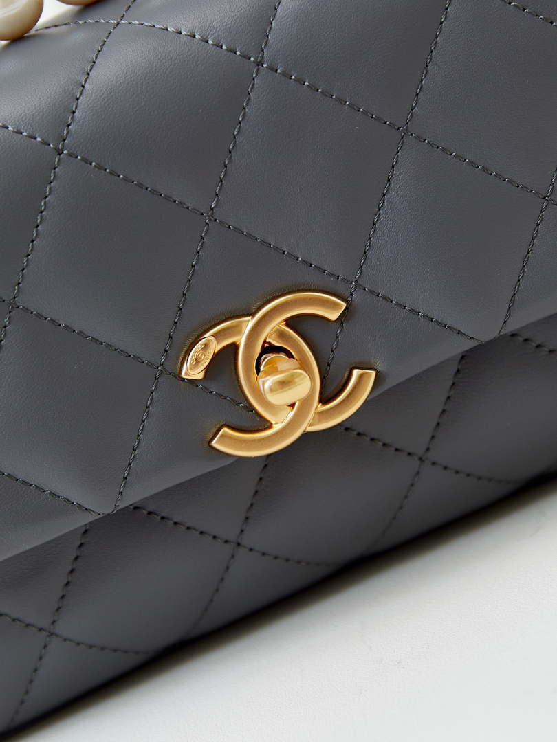 Chanel AS5001 Mini Flap Bag with top Handle Shiny Lambskin  Imitation Pearls & Gold-Tone Metal Grey