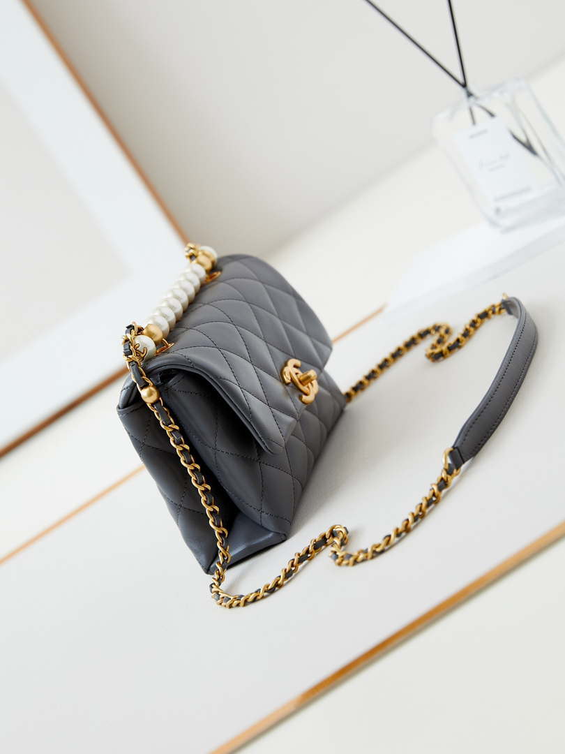 Chanel AS5001 Mini Flap Bag with top Handle Shiny Lambskin  Imitation Pearls & Gold-Tone Metal Grey - Default Title - View 3