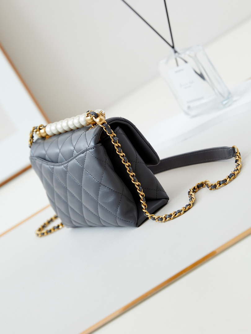 Chanel AS5001 Mini Flap Bag with top Handle Shiny Lambskin  Imitation Pearls & Gold-Tone Metal Grey