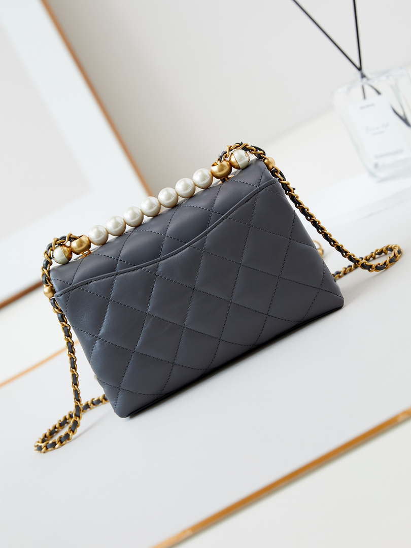 Chanel AS5001 Mini Flap Bag with top Handle Shiny Lambskin  Imitation Pearls & Gold-Tone Metal Grey