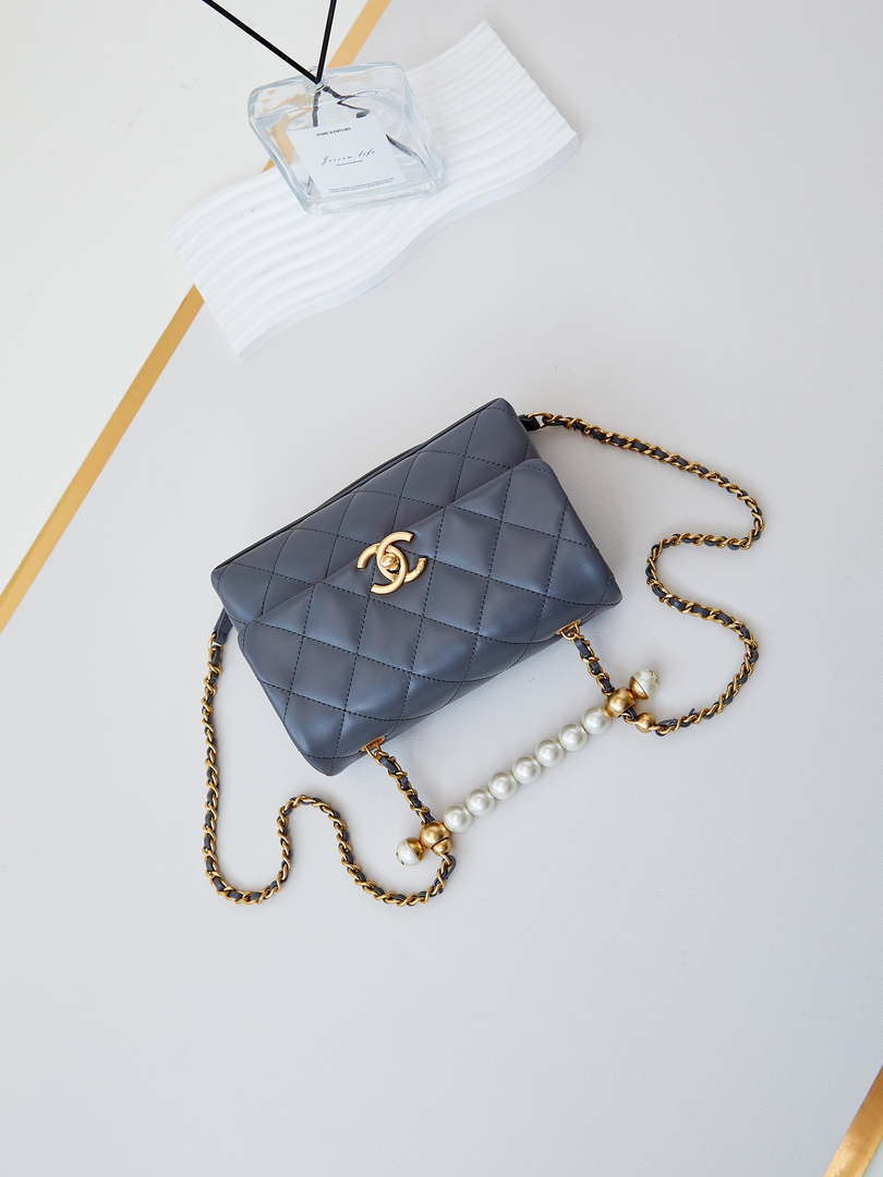 Chanel AS5001 Mini Flap Bag with top Handle Shiny Lambskin  Imitation Pearls & Gold-Tone Metal Grey