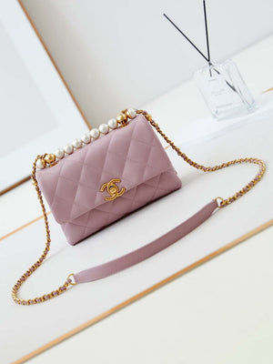 Chanel AS5001 Mini Flap Bag with top Handle Shiny Lambskin  Imitation Pearls & Gold-Tone Metal Pink - Default Title - View 1