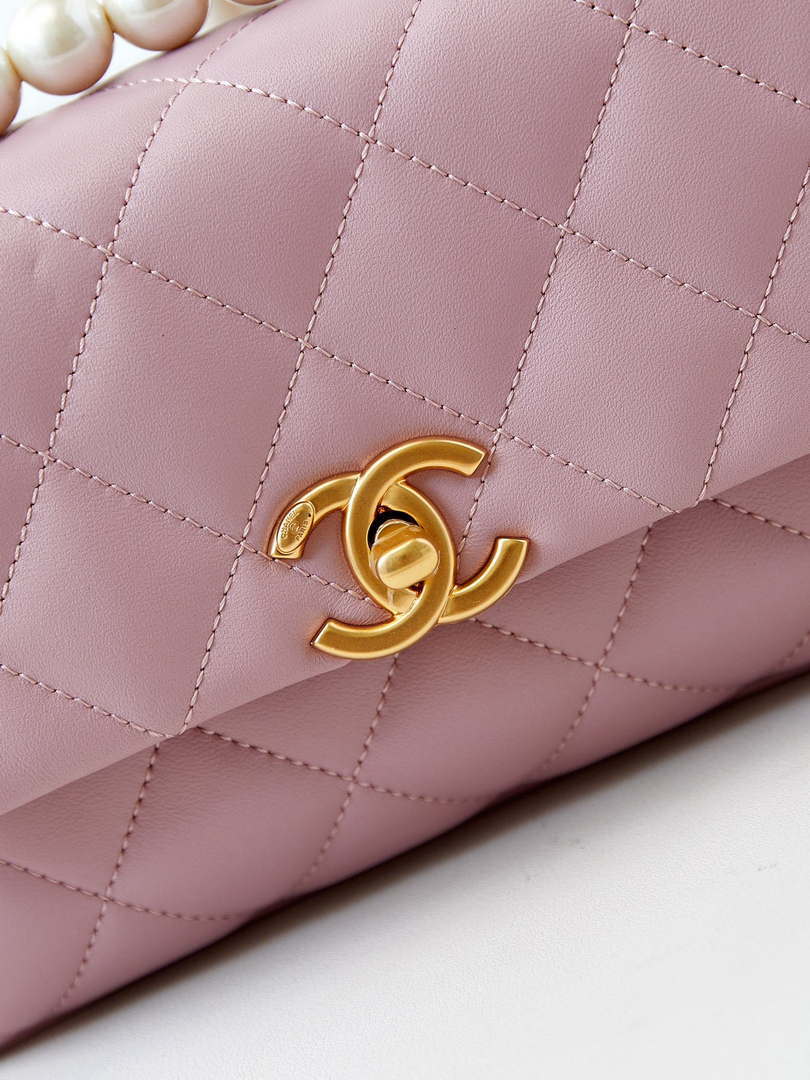 Chanel AS5001 Mini Flap Bag with top Handle Shiny Lambskin  Imitation Pearls & Gold-Tone Metal Pink - Default Title - View 2