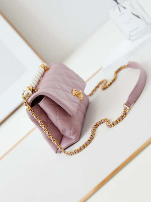 Chanel AS5001 Mini Flap Bag with top Handle Shiny Lambskin  Imitation Pearls & Gold-Tone Metal Pink - Default Title - View 3