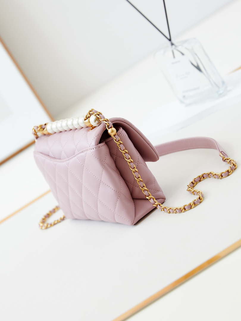 Chanel AS5001 Mini Flap Bag with top Handle Shiny Lambskin  Imitation Pearls & Gold-Tone Metal Pink