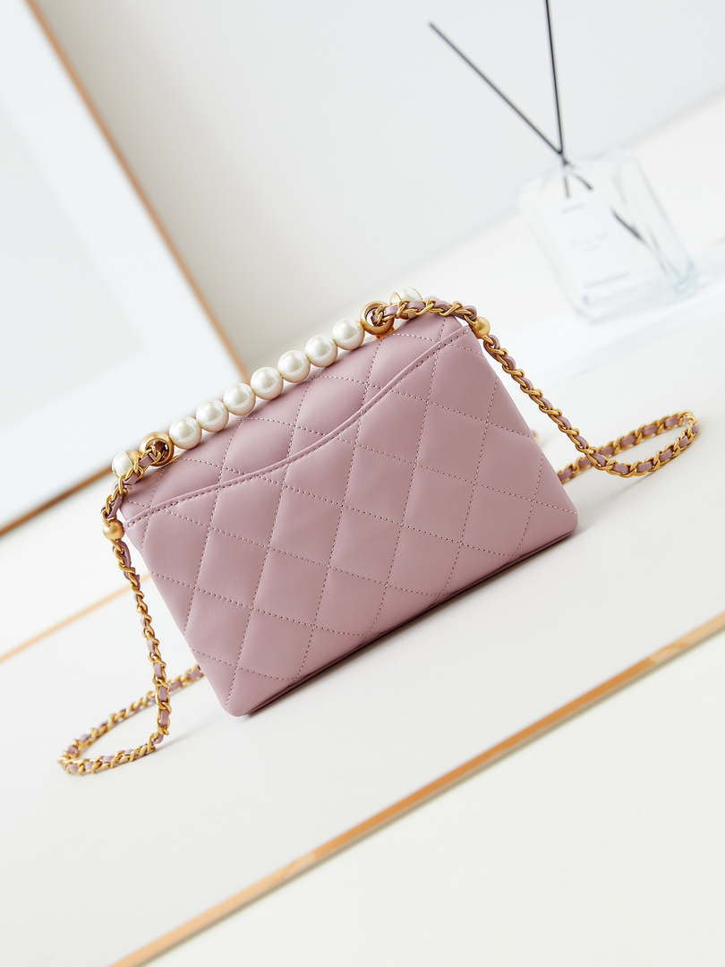 Chanel AS5001 Mini Flap Bag with top Handle Shiny Lambskin  Imitation Pearls & Gold-Tone Metal Pink