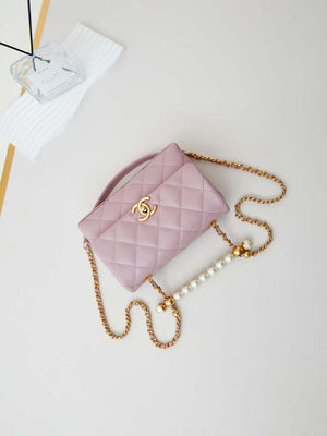 Chanel AS5001 Mini Flap Bag with top Handle Shiny Lambskin  Imitation Pearls & Gold-Tone Metal Pink - Default Title - View 7