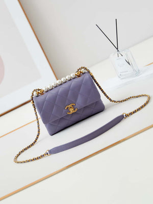 Chanel AS5001 Mini Flap Bag with top Handle Shiny Lambskin  Imitation Pearls & Gold-Tone Metal Purple - Default Title - View 1