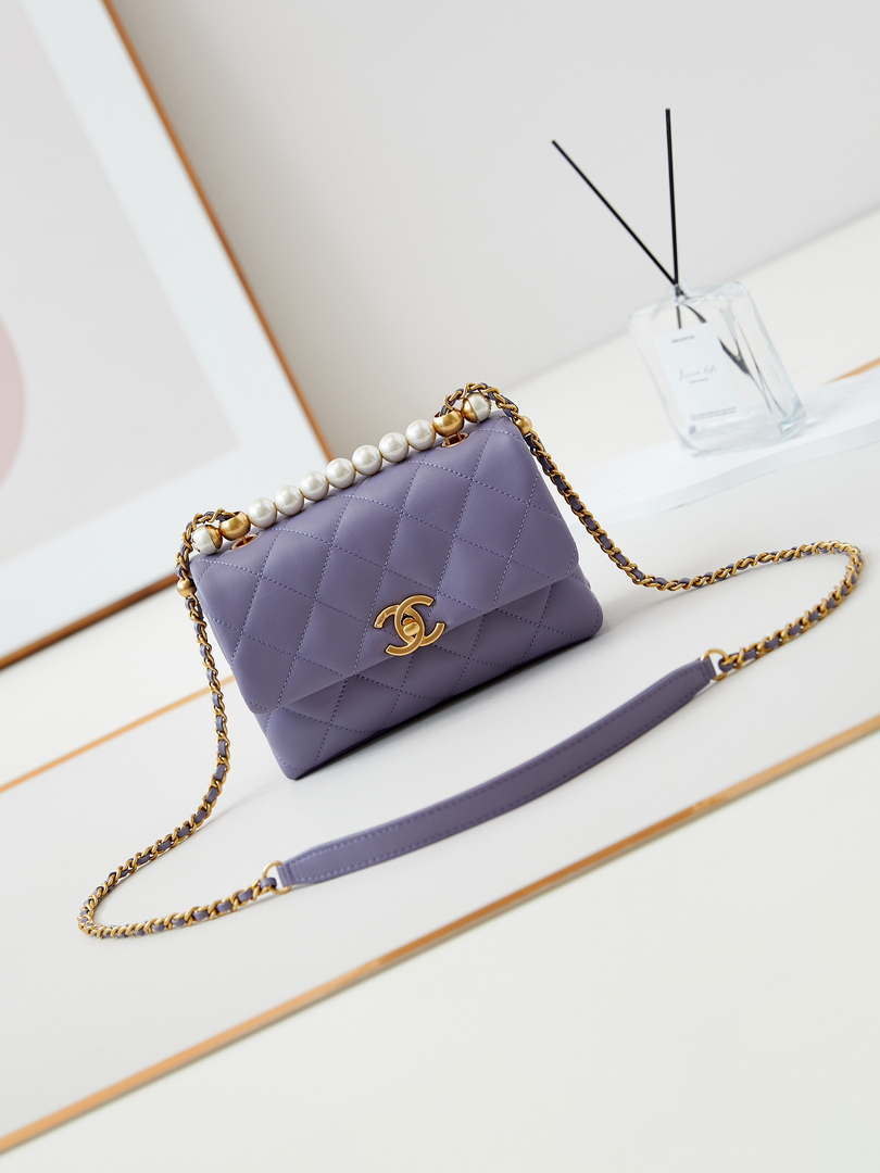 Chanel AS5001 Mini Flap Bag with top Handle Shiny Lambskin  Imitation Pearls & Gold-Tone Metal Purple - Default Title - View 1