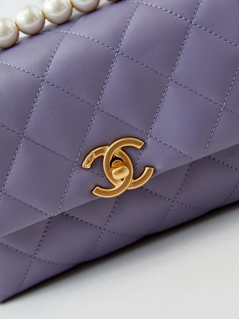 Chanel AS5001 Mini Flap Bag with top Handle Shiny Lambskin  Imitation Pearls & Gold-Tone Metal Purple - Default Title - View 2