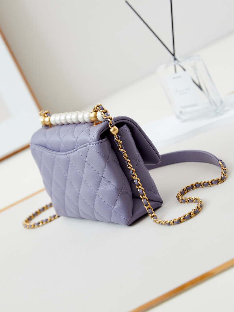 Chanel AS5001 Mini Flap Bag with top Handle Shiny Lambskin  Imitation Pearls & Gold-Tone Metal Purple