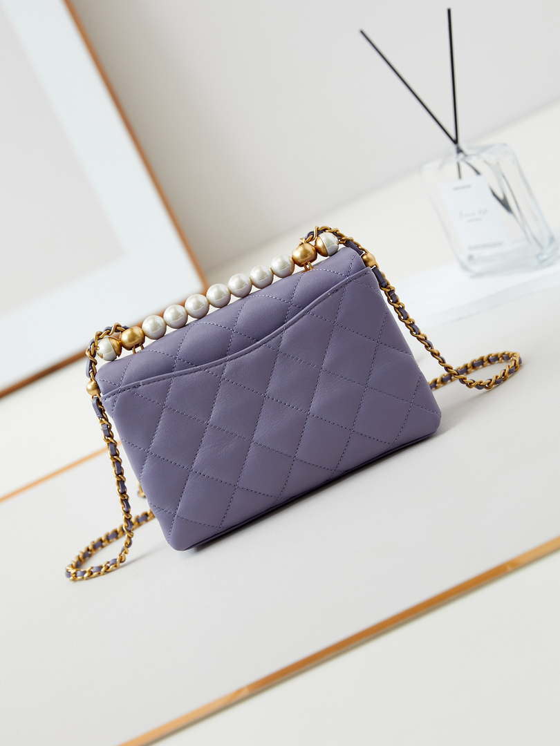 Chanel AS5001 Mini Flap Bag with top Handle Shiny Lambskin  Imitation Pearls & Gold-Tone Metal Purple - Default Title - View 5