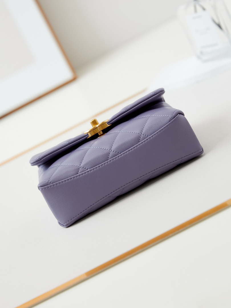 Chanel AS5001 Mini Flap Bag with top Handle Shiny Lambskin  Imitation Pearls & Gold-Tone Metal Purple - Default Title - View 6