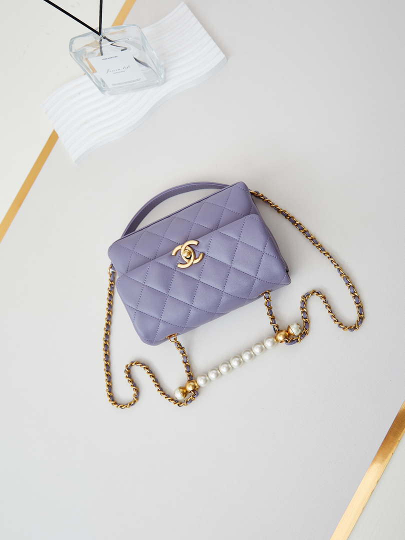 Chanel AS5001 Mini Flap Bag with top Handle Shiny Lambskin  Imitation Pearls & Gold-Tone Metal Purple