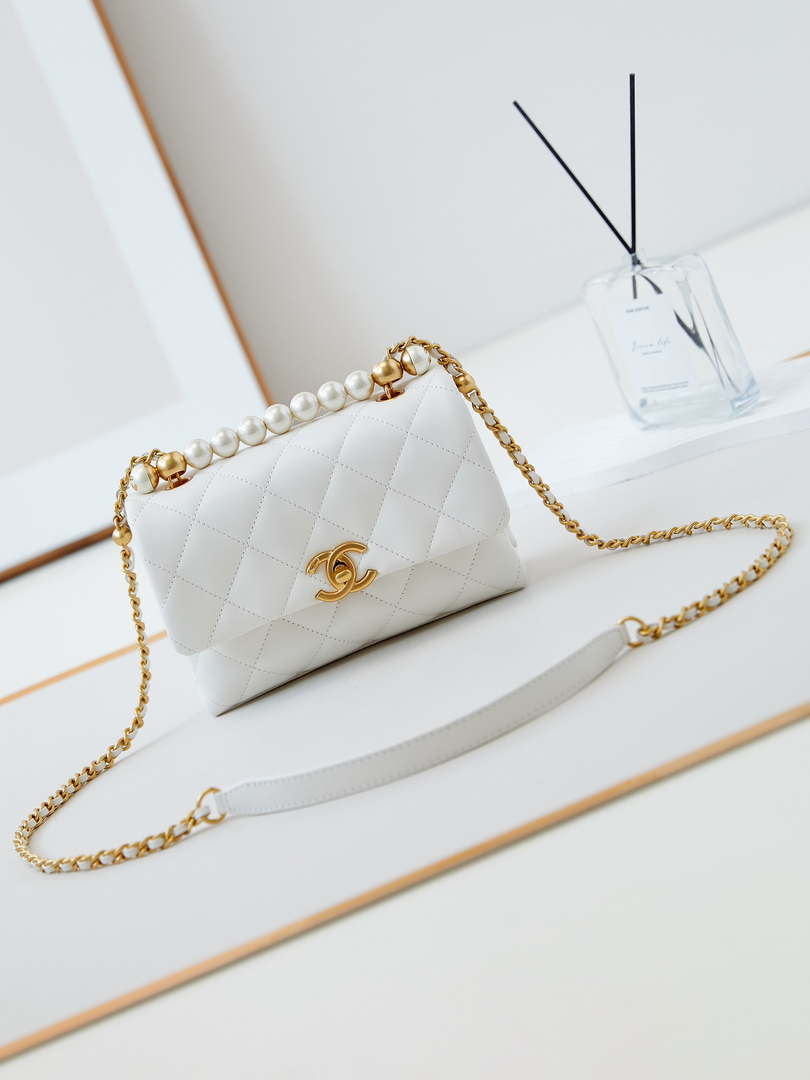Chanel AS5001 Mini Flap Bag with top Handle Shiny Lambskin  Imitation Pearls & Gold-Tone Metal White