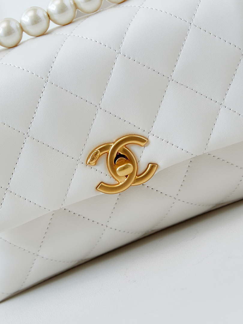 Chanel AS5001 Mini Flap Bag with top Handle Shiny Lambskin  Imitation Pearls & Gold-Tone Metal White