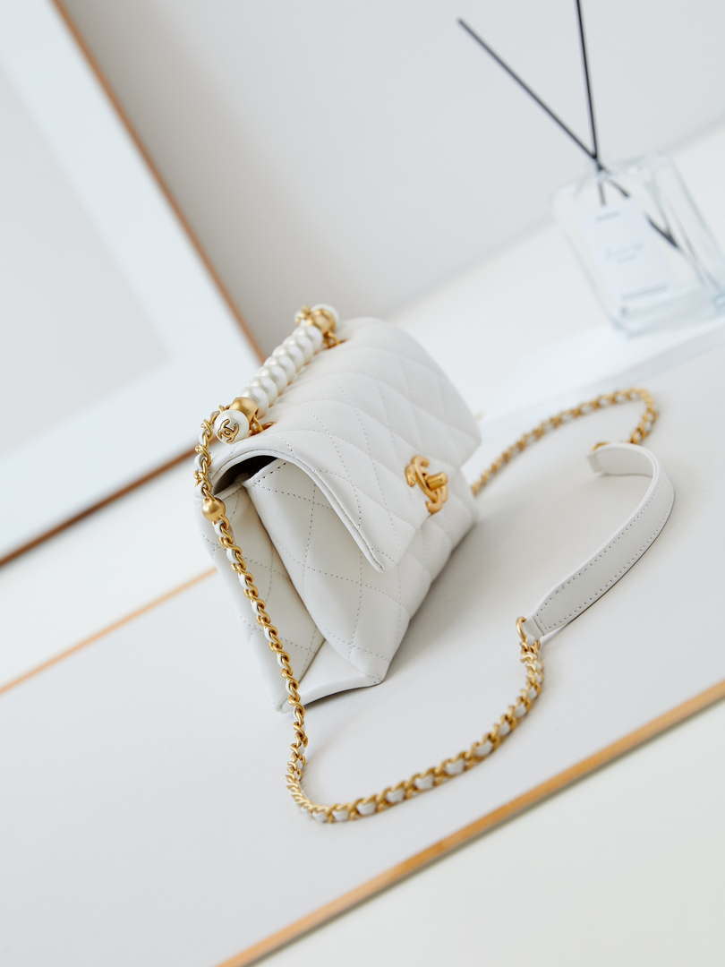 Chanel AS5001 Mini Flap Bag with top Handle Shiny Lambskin  Imitation Pearls & Gold-Tone Metal White