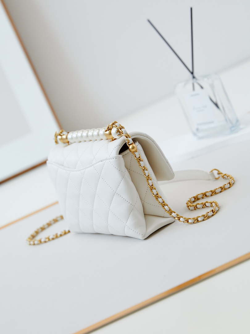 Chanel AS5001 Mini Flap Bag with top Handle Shiny Lambskin  Imitation Pearls & Gold-Tone Metal White