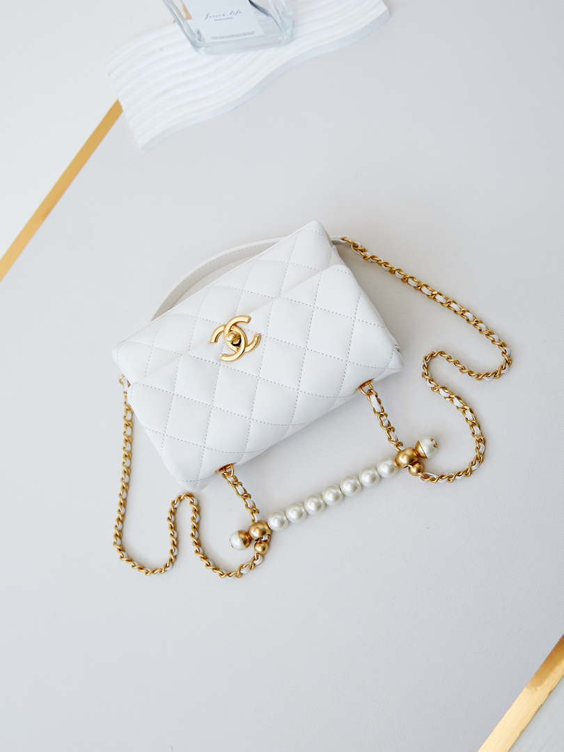 Chanel AS5001 Mini Flap Bag with top Handle Shiny Lambskin  Imitation Pearls & Gold-Tone Metal White