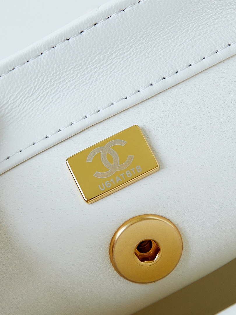 Chanel AS5001 Mini Flap Bag with top Handle Shiny Lambskin  Imitation Pearls & Gold-Tone Metal White